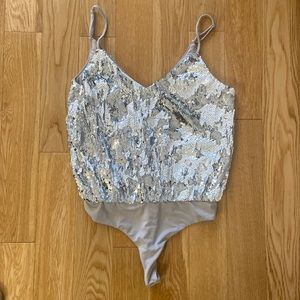Lovers & Friends silver sequin bodysuit. Size S.